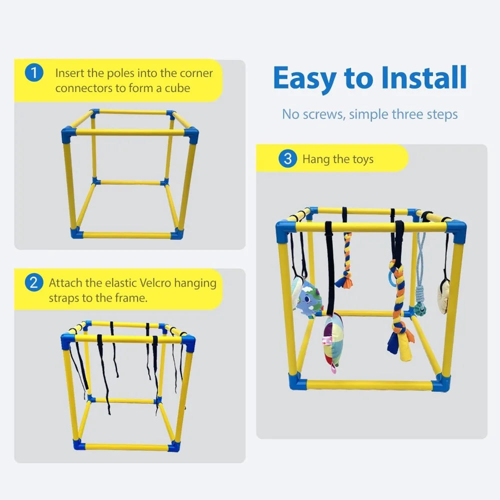 Dewonch Puppy Play Gym with 8 Hanging Toys, Small Dogs Indoor Jungle Gym, PVC Frame with Bungee Straps Enrichment Activity Cente